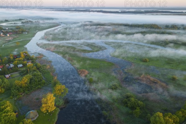 Biebrza National Park, morning mood, fog, shot with drone, wetland, river, Poland, Europe
