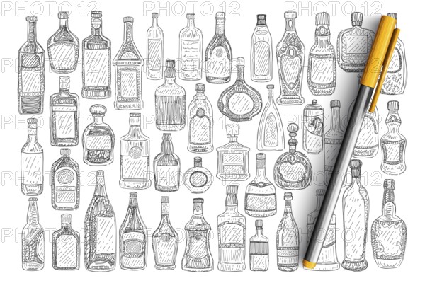 Various glass bottles doodle set. Collection of hand drawn glass bottles with labels for drinks perfume keeping liquids and oil isolated on transparent background. Illustration of glassware for home