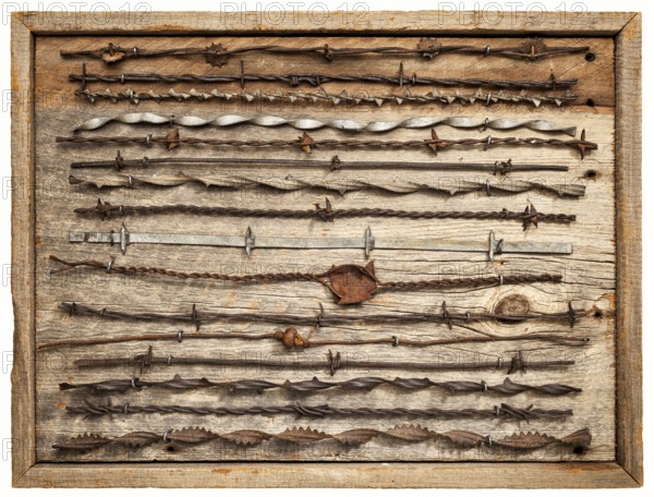 Vintage rusty barbed wire collection on isolated barn wood board
