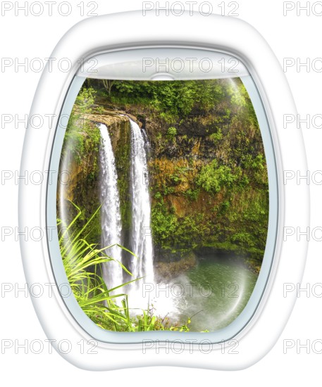 Plane window on ropical Manawaiopuna Falls also called Jurassic Park Falls, Kauai, Hawaii, United States, from a plane through the porthole. Copy space, North America