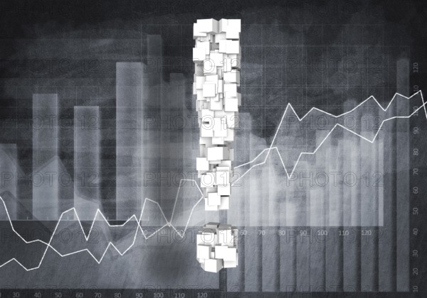 Big exclamation mark on graphs and diagrams background, 3D rendering