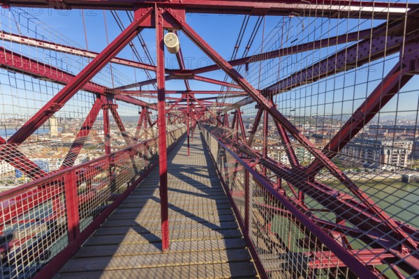 The Bizkaia suspension transporter bridge (Puente de Vizcaya) in Portugalete, Spain inside. Walking over the bridge's platform