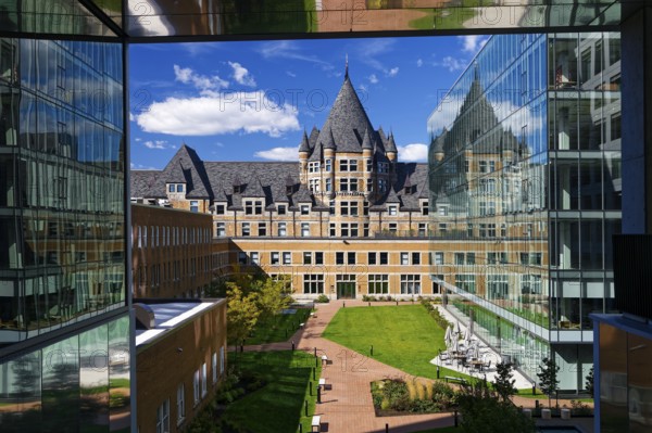 Architecture, former Viger Train Station between modern buildings, Montreal, Province of Quebec, Canada, North America