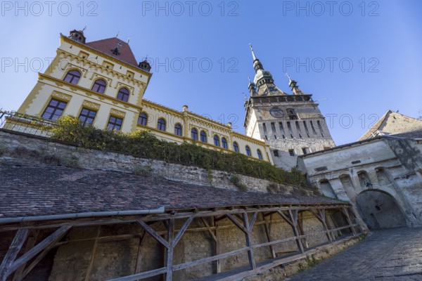 Gateway with tower clock in Sighisoara, Romania, Europe