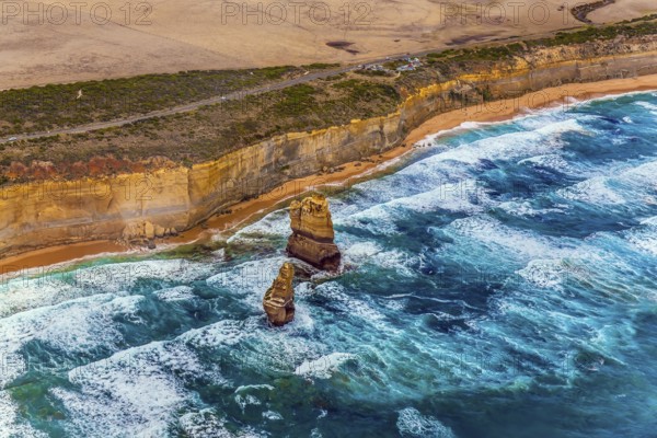 Gorgeous Ocean Turquoise Surf. Helicopter flight. Australia. The Twelve Apostles and Great Ocean Road. The concept of extreme, active and photo tourism