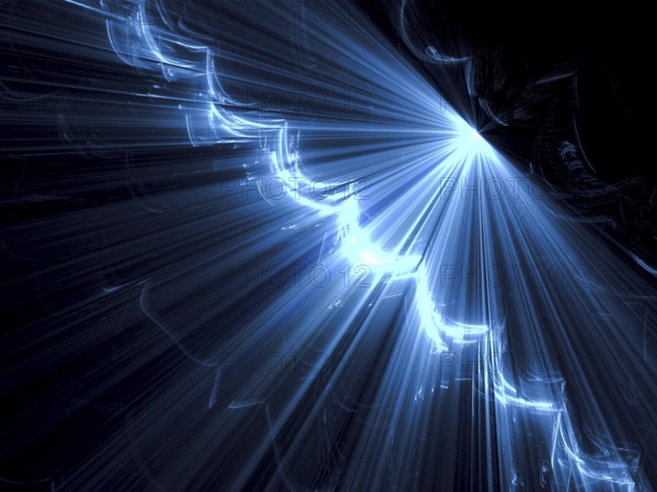 Abstract tech background - computer-generated image. Fractal art: diagonal surface with stripes like rays, light effects and perspective. Backdrop for technology design projects