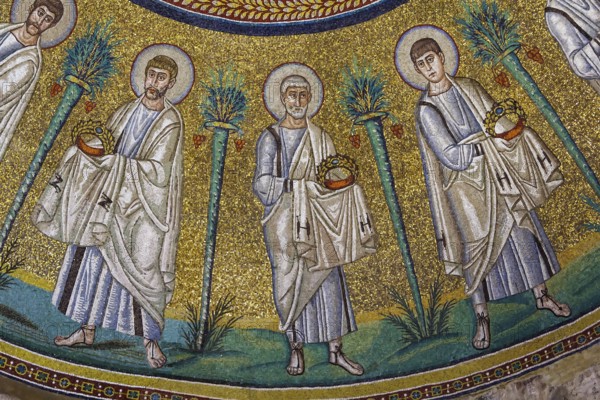 The Arian Baptistry in Ravenna, Italy was erected by the Ostrogothic King Theodoric the Great between the end of the 5th century and the beginning of t6th century. The procession of the Apostles mosaic