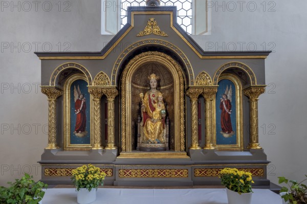 Side altar with statue of the Virgin Mary, St. Blasius Catholic Parish Church in Dietmannsried, Allgäu, Bavaria, Germany, Europe