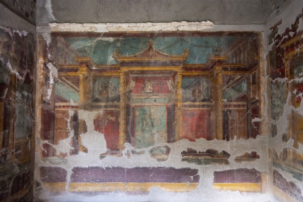 OPLONTIS, ITALY, MAY 03, 2022, Scenic frescos on the wall of famous Villa Oplontis, ancient Roman villa and world heritage sight, Southern Italy