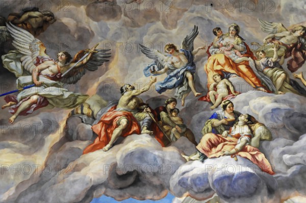 Detail of dome fresco by Johann Michael Rottmayr, Karlskirche, 1716-1736, Vienna, Austria, Europe, fresco shows angels and figures in vivid colours and dramatic clouds, Europe