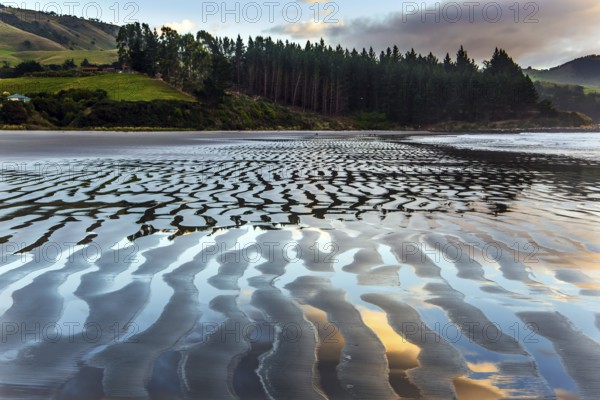 Sunrise over the ocean. Low tide. Strips of sand and water left by the ocean tide. New Zealand, Pacific Coast. The concept of artistic photography. Artistic postal and greeting card