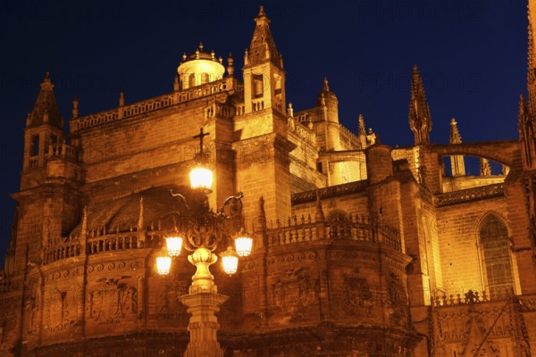Detail of the gothic and baroque Cathedral of Seville in Spain by night