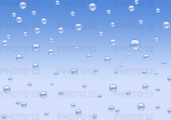 A lot of water drops over blue gradient background, a raster drawing
