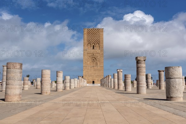 Iconic Hassan tower in the center of Rabat, planned as a even higher minaret of a mosque, Morocco, Africa