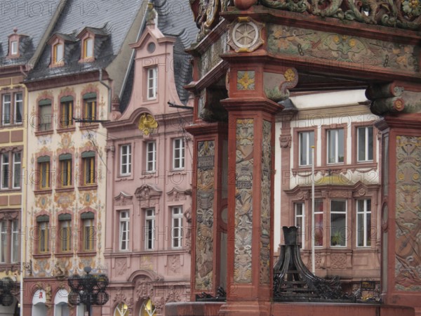 Historic building with ornate half-timbered details and baroque façade in the city, mainz, rhineland-palatinate, germany