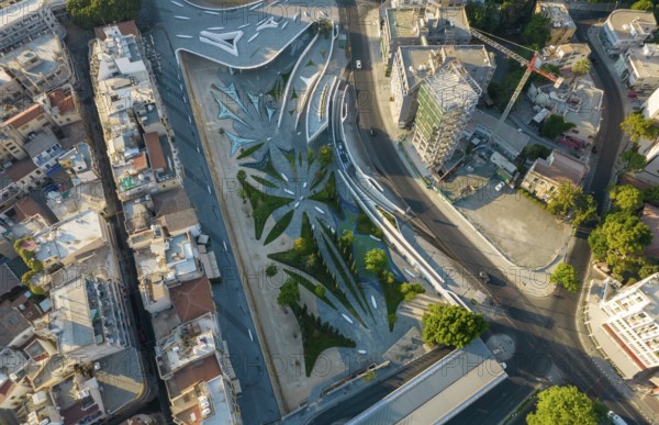 Aerial view of Nicosia cityscape the capital city of Cyprus and Eleftheria square with modern futuristic architecture