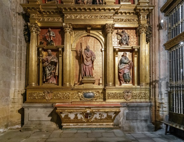 Segovia, Spain, 7 April, 2024: detail view of a gilded altar piece in a side chapel of the Segovia Cathedral, Europe