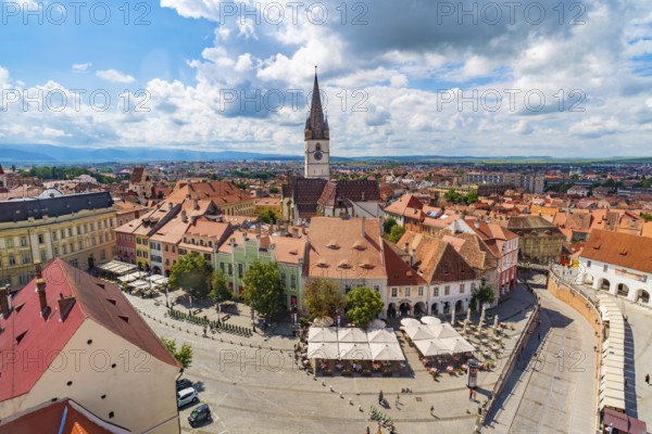 Small Square and Lutheran Cathedral in Sibiu, Transylvania, Romania, Europe