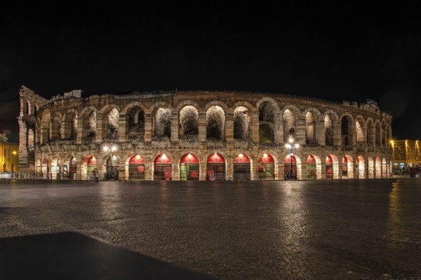 Beautifully illuminated Arena of Verona at Night, Italy, Europe