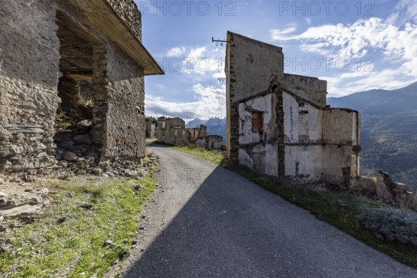 Lost place, abandoned houses and ruins in the ghost village, Gairo Vecchio, Gairo, Ogliastra, Sardinia, Italy, Europe