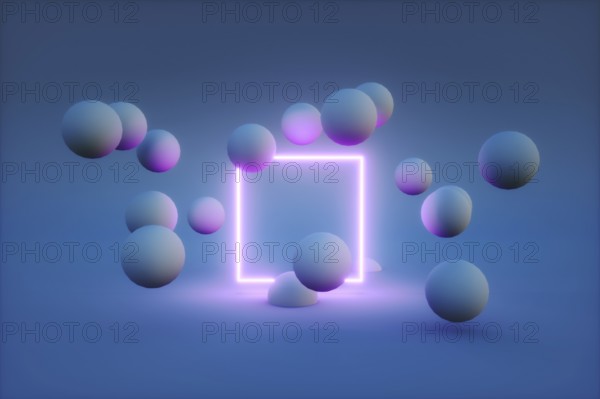 3d render of neon frame with balls around it. modern technology concept. High quality 3d illustration