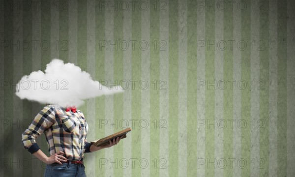 Unrecognizable woman with book and cloud instead of head on stripe background