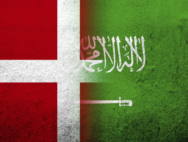 The Kingdom of Denmark National flag with The Kingdom of Saudi Arabia National flag. Grunge Background