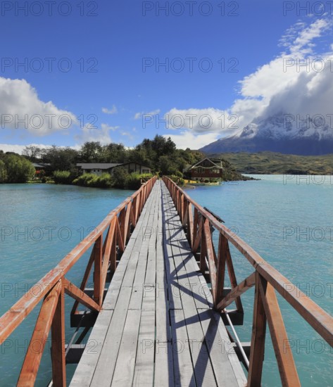 National Park Chile - Torres del Paine. Easy Bridge at Lake Pehoe connects the island and the shore of Lake