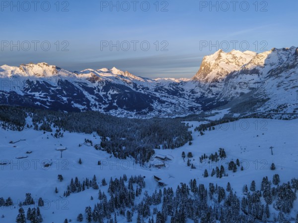 Wetterhorn Mountain at Sunset in Winter. Swiss Alps. Switzerland. Aerial View