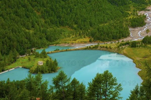 Beautiful Mountain Alp Grüm and Alpine Lake Palü in a Summer Day in Poschiavo, Bernina, Grisons, Switzerland, Europe