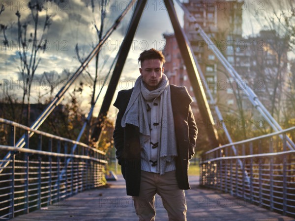 Handsome young man in city setting, with industrial site around him, looking at camera, serious expression