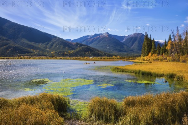 Beautiful Lake Vermilion in Banff National Park. The Canadian province of Alberta, the Rocky Mountains. Perfect sunny day. Concept of active tourism and ecotourism