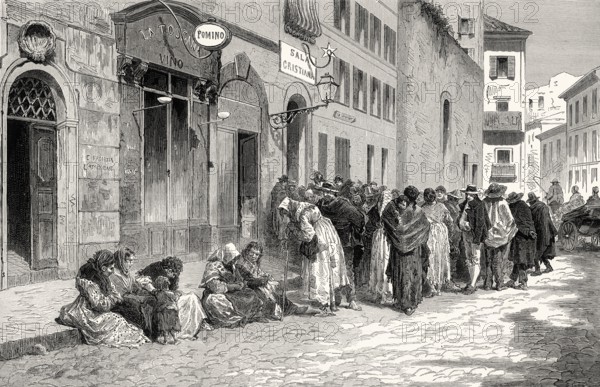 Distribution of food to the poor, San Lorenzo, Lucina square, Rome, Italy, 19th century, Europe