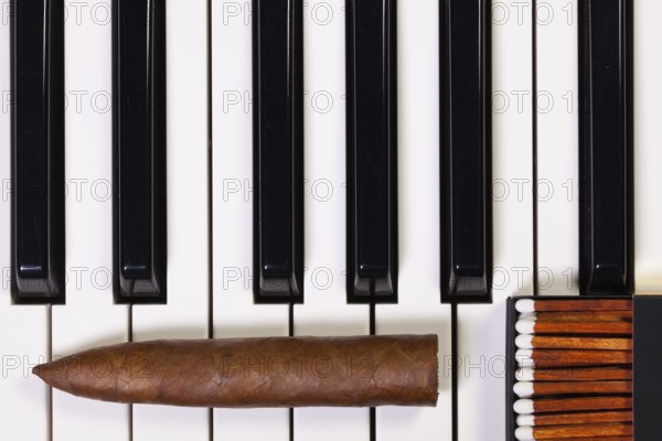 Detail of piano keyboard and luxury cigar