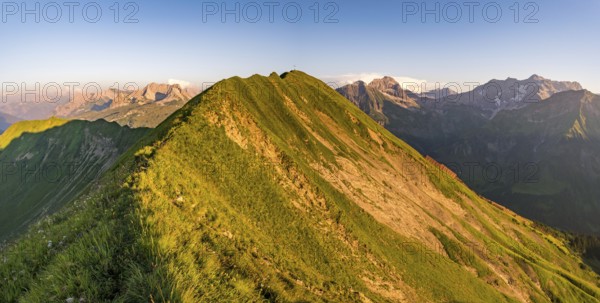 Fantastic sunset tour on the beautiful panoramic mountain Hoferspitze near Schrocken in the Allgau Alps, Kleinwalsertal