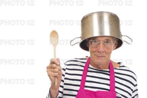 Senior houseman with pink apron and cooking pot isolated over white background