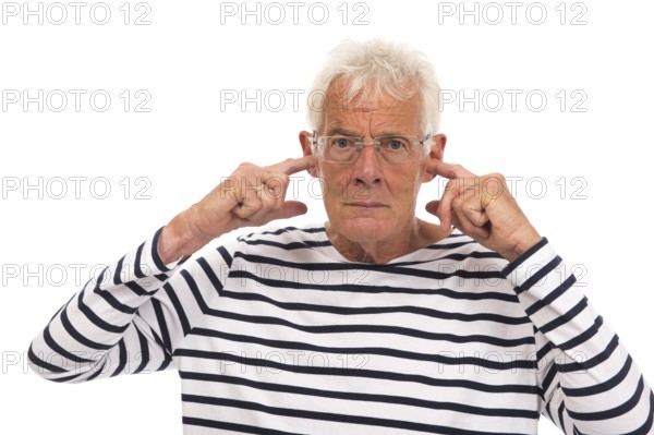 Senior man with too much noise isolated over white background
