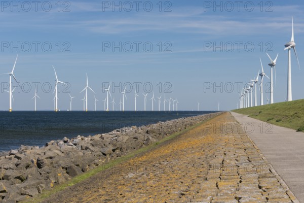 Wind park partly in the water and partly on the land in the Noordoostpolder in the Netherlands