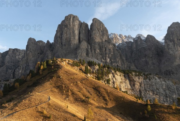 Beautiful mountain landscape of rocky Dolomites at Passo Gardena area in South Tyrol in Italy