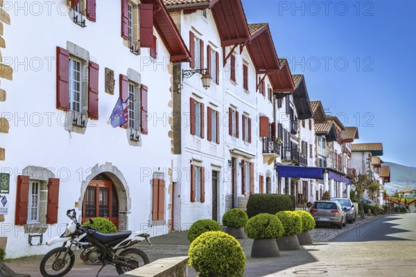 Street with historical houses in Ainhoa, Pyrenees-Atlantiques, France, Europe