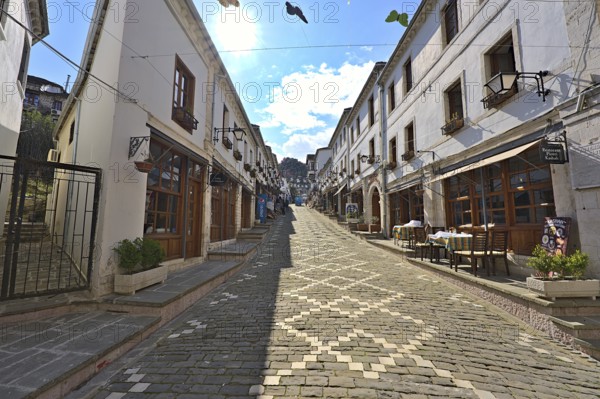 Historic city center of Gjirokastra with souvenir shops and restaurants, which has been modernises for a unified appeareance