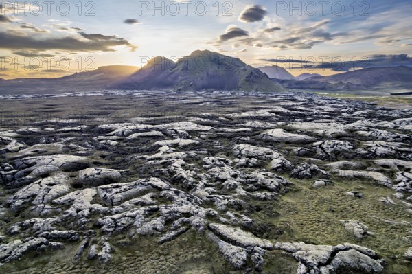 Aerial view of the landscape in the highlands of Iceland, taken near the highland valley Landmannalaugar in Suðurland, Iceland, Europe