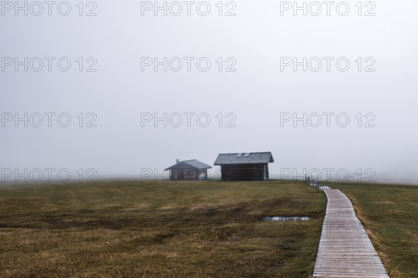 Fog on the Seiser Alm in the Dolomites in South Tyrol, Italy, Europe