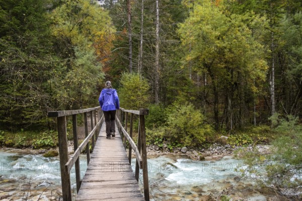 Crossing a wooden footbridge in the forest, somewhere in the Bistrice valley in the Triglav National Park, Slovenia, Europe