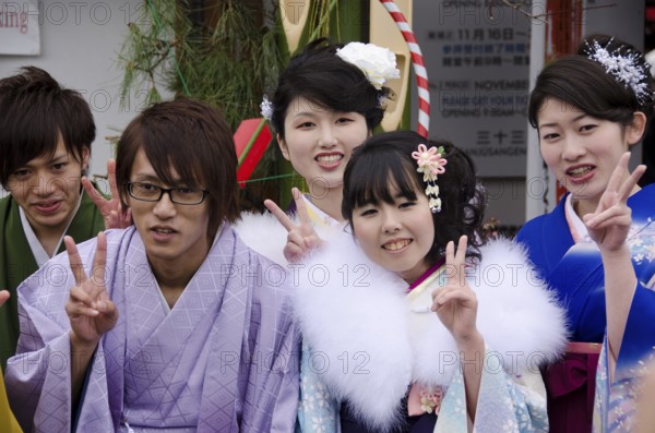 Young people celebrating the coming of age day in Japan, Kyoto, Japan, Asia