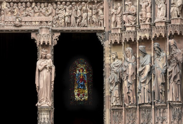 Strasbourg Cathedral, Cathédrale Notre-Dame de Strasbourg, centre west portal, wall figures: Prophets (original figures), Mother of God with Child (modern) and view through the open portal to the modern apse window