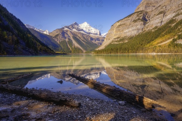 Beautiful autumn landscape scene in mountain in background in Jasper National Park west Canada with birds