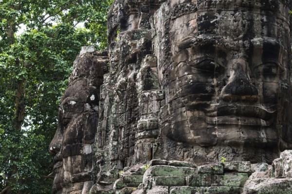 Buddhist gatekeepers, mystical, enchanted, close-ups, Khmer Kingdom, Theravada Buddhism, Unesco World Heritage Site, sacred statues, Angkor Thom, Angkor Wat, Siem Reap, Cambodia, Southeast Asia, Asia