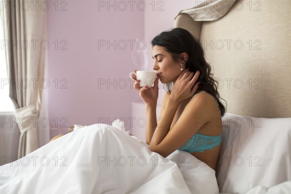 Woman holding white cup. Girl with closed eyes. My morning starts from espresso