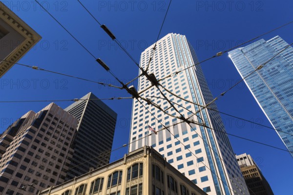 San Francisco downtown with Tram cables in blue sky at California USA